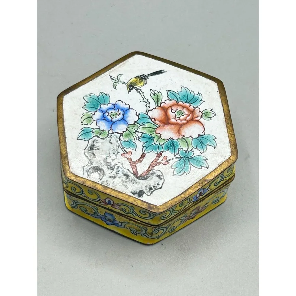 Vintage Antique Hexagon Chinese Enamel Trinket Box Yellow Flowers and Bird